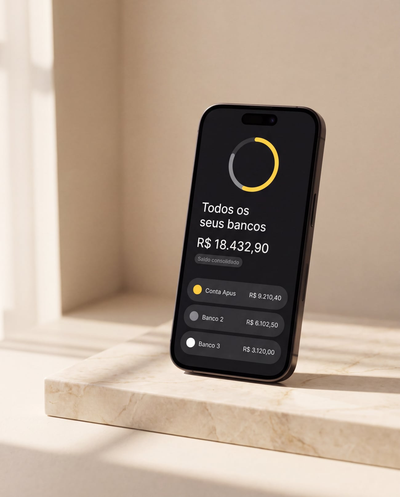 App da Apus mostrando o saldo de todos os bancos