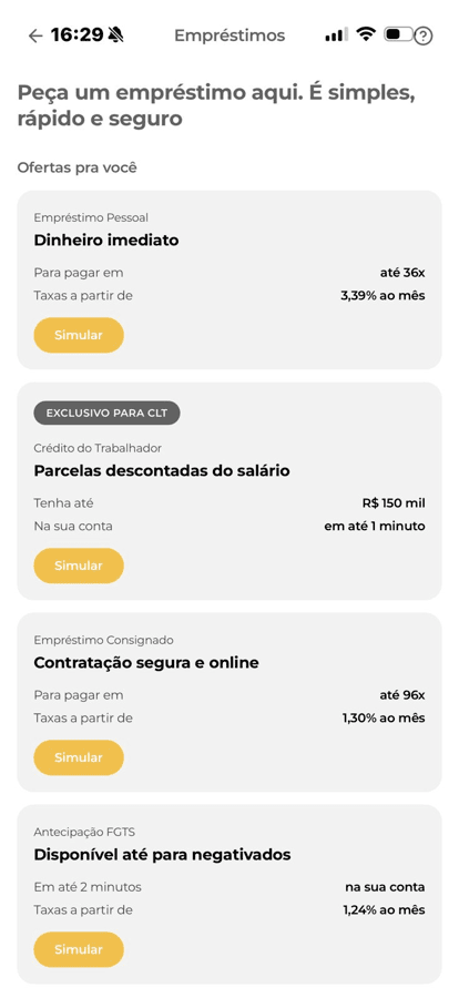 Tela de empréstimos do app Apus